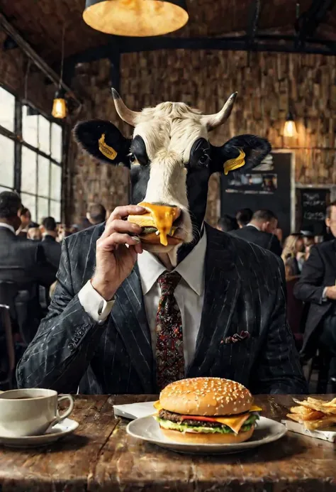 hd, 8k, masterpiece, award winningphoto of A serious cow dressed like a businessman eating a cheesburger, hat