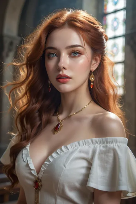 A young lady aged 16 yrs, with long red hair, wavy hair, tied in a side ponytail, with air bangs. She is wearing a red lace-up shirt. She is wearing leather pants. She has an hourglass figure. She is wearing gold earrings. Looking directly into the camera. She has fair skin, freckles, and braces, constricted pupils, parted lips, large breasts, perfect lips, perfect nose, cute face, baby face, Hyperrealism, cinematic lighting, jpeg artifacts, full body photo, bokeh, textured skin, UHD, best quality, masterpiece, high details