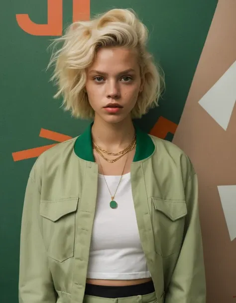 (artistic representation:1.3) of a (European blond girl:1.4) from the 1998 hip-hop culture, inspired and coalesced with the signature flair of Sachin Teng, flaunting an (attractive, designer outfit:1.3) highlighted by (green, asymmetrical geometric shapes:1.4), interlaced seamlessly with the authentic vibes of Supreme, background canvas echoing the voices of the streets with intricate (graffiti:1.3) and rebellious (street art:1.2), exuding a tangible sense of style and confident demeanor, every detail fine-tuned to perfection, capturing the heart and soul of that era's hip-hop movement.