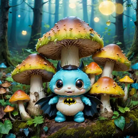 A beautiful and romantic picture of a (cozy forest:1.2) in which there are live and sweet (mushrooms with eyes and arms:1.2) and hands who look after their mushroom children, (all mushrooms have funny faces and love each other:1.4), the picture is made up of d light blue and yellow and green colors, mystic light, the mushrooms hold small lanterns and light up the dawn sunbeams, (a cute mushroom wearing a batman custume is waving to viewer:1.4), masterpiece, best quality, <lora:extremely_detailed:1> , <lora:xl_more_art-full_v1:1>