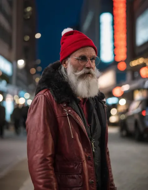 Cyberpunk Santa Claus, (weathered face with scars:1.2), (futuristic eyeglasses:1.1), silver beard, Santa hat, (red leather jacket with high-tech attachments:1.3), neon-lit urban backdrop, (dystopian vibes:1.2), night-time cityscape, glowing advertisements, complex facial expression, (mysterious aura:1.1), Sony A7R III, 1/50s, f/1.4, ISO 3200, vivid color contrast, bokeh effect, detailed costume design, edgy reinterpretation of a classic figure, ultra-modern setting,
