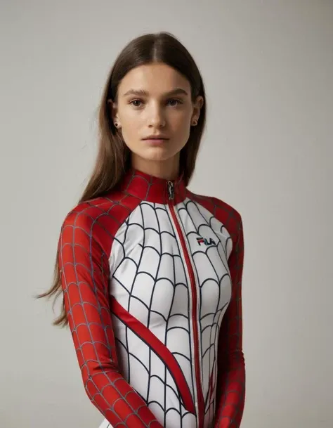 A photo of a (Fila Spiderman:1.3) in a (Balenciaga x Fila collaboration:1.2) concept dress, sleek silhouettes, cutting-edge fashion fusion, intricate design elements, sportswear meets high fashion, branded motifs, standout textiles, trend-setting style, HD resolution, fashion-forward innovation, dynamic colors, spotlight on logo placement, seamless integration, Canon EOS R5 + RF 24-70mm f/2.8L IS USM, 1/500s @ f/4.0, ISO 200, visionary designer approach, RAW photography, luxury meets athletic,