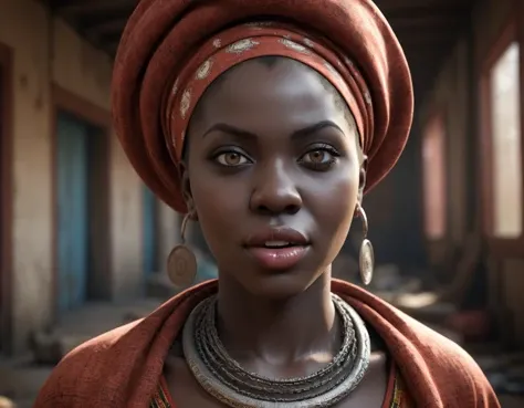3D Rendering, Grim, Energetic heavyset traditional Senegalese woman, mouth of Elizabeth Gillies, eyes of Seychelle Gabriel, traditional Soviet background, 800mm lens, detailed face, unreal engine, artstation