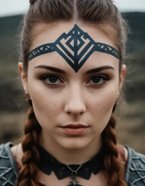 Close-up of a girl rebel Viking with runes tattooed on her face, dark runes, warrior of the north, harsh land, beautiful face!, runes, harpy woman, without helmet