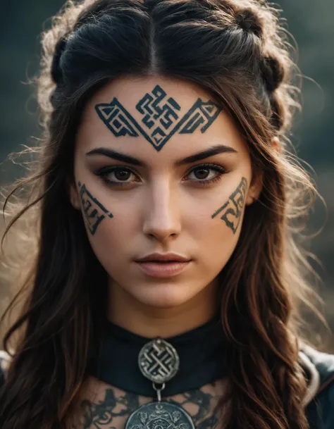 Close-up of a rebellious viking girl with runes tattooed on her face, dark runes, image, w sieci, beautiful face!, runes, harpy woman