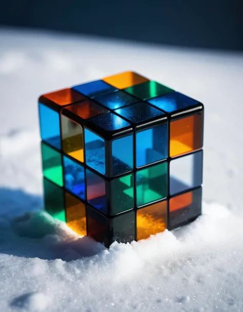 analog raw photo of a rubick's cube made of glass laying in snow, haze lighting, winter, 35mm, 8k, UHD, masterpiece