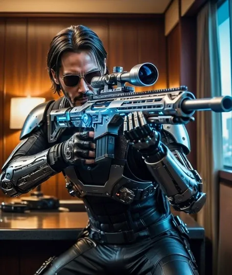 full body photograph of (JohnnyCyber:1.2) aiming his silver-cyberpunk sniper rifle, cyberpunk clothes with samurai design prints, (face of Keanu Reeves:1.2), (robotic-left-arm:1.3), brown pilot sunglasses, detailed face and skin, (cyberpunk-hotel-room:1.2), holographic images, strong bokeh, 16k, UHD, DSLR, insane detailed, film grain, award-winning picture, <lora:JohnnyCyber:0.95>, <lora:XL_Weapon_Sniper_Rifle_-_By_HailoKnight:0.45>, <lora:AdvancedEnhancerXLv2:0.56>, cinematic shot