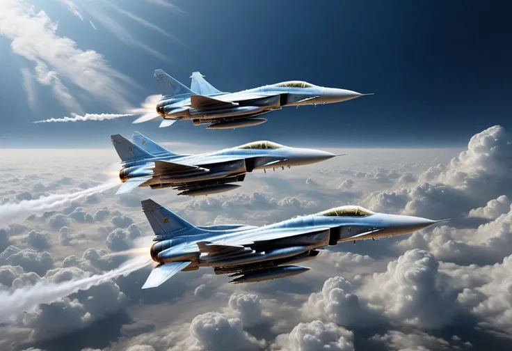 GOLD LIQUID METAL jet fighters, racing through SILVER LIQUID METAL clouds, liquid metal sprays from there jets, flying through a BLUE LIQUID METAL sky