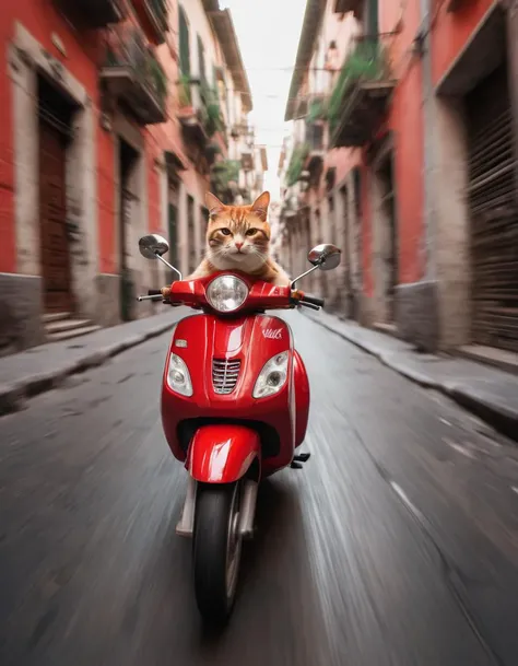A Cat riding a red Vespa through Naples, with motion blur lines around his head