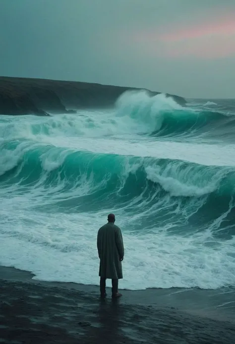 A neon-pastel Scene captured By Guy Ritchie: Capture the modern casual essence of moses as he relentlessly split up a desolate huge sea into gigantic waves. Explore the somber tones and bleak atmosphere in your depiction, emphasizing the eternal struggle and challenge of his task