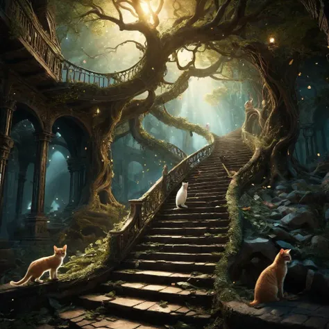 breathtaking A surreal quest for redemption,represented by a vast ((endless staircase winding through the underworld)),with cats climbing together toward a shining and elusive tree at the top. The scene blends elements of fantasy and reality,with barriers along the path symbolizing various god sins. The mood is dreadful yet challenging with ethereal lighting and magical symbols scattered throughout.,panorama,majestic tree, . award-winning, professional, highly detailed