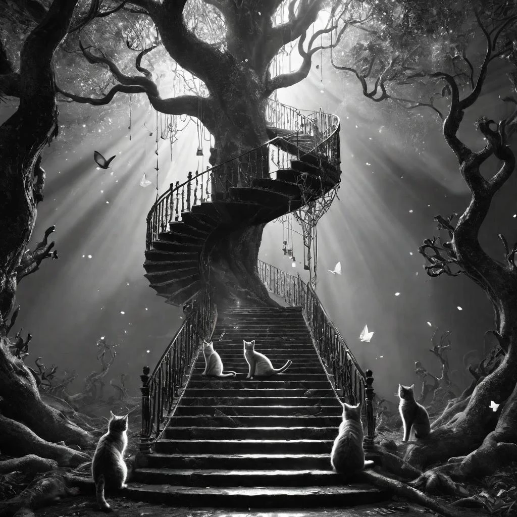 breathtaking A surreal quest for redemption,represented by a vast ((endless staircase winding through the underworld)),with cats climbing together toward a shining and elusive tree at the top. The scene blends elements of fantasy and reality,with barriers along the path symbolizing various god sins. The mood is dreadful yet challenging with ethereal lighting and magical symbols scattered throughout.,panorama,majestic tree,<lora:dataviz_style_xl_v1:0.8>, dataviz style,black and white,[any color] tones . award-winning, professional, highly detailed