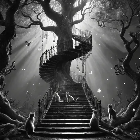 breathtaking A surreal quest for redemption,represented by a vast ((endless staircase winding through the underworld)),with cats climbing together toward a shining and elusive tree at the top. The scene blends elements of fantasy and reality,with barriers along the path symbolizing various god sins. The mood is dreadful yet challenging with ethereal lighting and magical symbols scattered throughout.,panorama,majestic tree,<lora:dataviz_style_xl_v1:0.8>, dataviz style,black and white,[any color] tones . award-winning, professional, highly detailed
