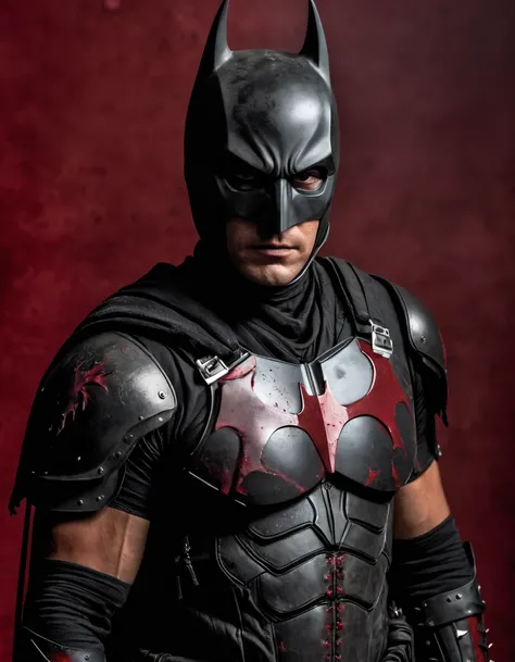 A photo of a (brooding dark knight:1.3), (blood-red background:1.2), gripping a (double-edged sword:1.1), (blackened armor:1.1), intense gaze, (war paint:1.2) across face, (tattooed symbol:1.1) on shoulder, (splattered blood:1.1), (ominous shadowing:1.2), texture contrast, (glistening metal:1.1), visceral impact, Canon EOS 5D Mark IV, 1/800s, f/2.8, ISO 250, (saturated crimson:1.1), fine detail capture, raw emotion, oppressive atmosphere, subtle chainmail details, (fierce warrior aura:1.2).