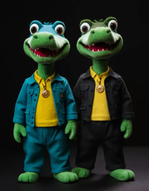 A photo of (cartoon crocodile characters:1.3), (villainous duo:1.2), featuring (sinister smirks:1.2), in (distinctive overalls:1.1), against a (solid black backdrop:1.2), (animated postures:1.1), (stylized cap accessories:1.1), (gold medallion:1.1), playful malevolence, (bright color contrast:1.2), Olympus OM-D E-M1 Mark III, 1/250s, f/5.6, ISO 200, crisp illustration, nighttime palette, digital rendering.