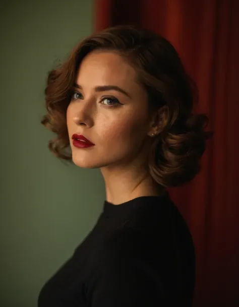 A photo of a (woman with vintage glamour:1.3), (rich red lighting:1.2), (shadow play on face:1.4), retro hairstyle, (intense gaze:1.3), (mystery in her expression:1.2), textured background, (film noir inspiration:1.3), deep contrasts, (sultry atmosphere:1.2), Hasselblad X1D, 1/180s, f/2.8, ISO 640, (focused softness:1.1), (elegant attire:1.2), cinematic allure.