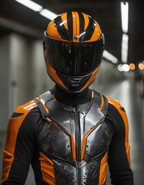 Glossy, (futuristic helmet:1.3), (vibrant orange visor:1.2), reflective surfaces, (sleek black and orange armor:1.1), industrial backdrop with blurred machinery, high-tech feel, precision detailing, (aura of mystery:1.1), cutting-edge design, LED accents, Canon EOS R5, 1/250s, f/4.5, ISO 100, artificial lighting, sharp focus, cybernetic aesthetic,