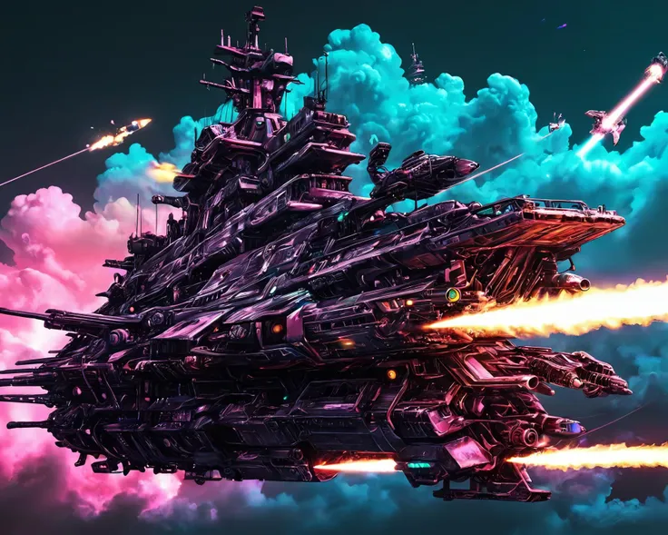 masterpiece, (anime:1.2), Hyper quality, hyper detailed, extremely intricate, hyper maximalist, <lora:Maximalist_Drawing_BW:0.79>, PStyl3, negative space, abstract, clouds, cyberpunk, guns of icarus, hoverships, mid-air battles, lasers, miniguns, explosions, neon lights, neon lighting, color anaglyph, missile cruiser
