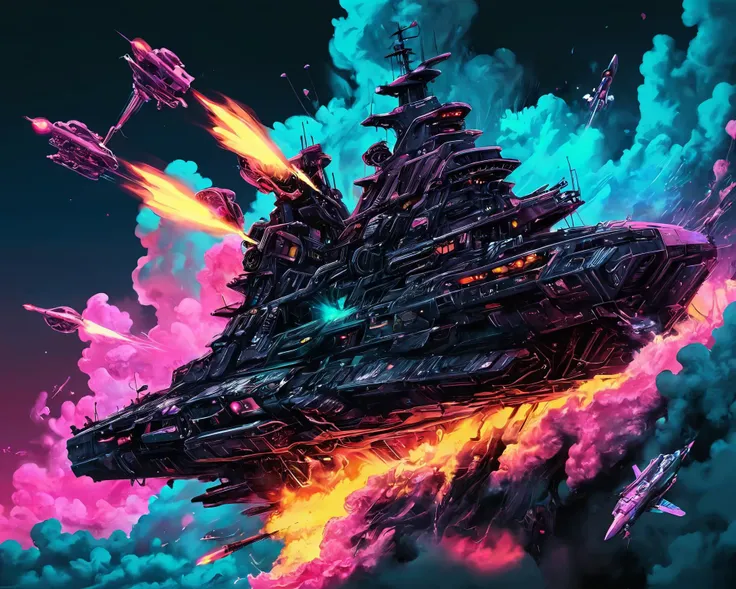 masterpiece, (anime:1.2), Hyper quality, hyper detailed, extremely intricate, hyper maximalist,   <lora:Maximalist_Drawing_BW:0.79>, PStyl3, negative space, abstract, clouds, cyberpunk, guns of icarus, hoverships, mid-air battles, lasers, miniguns, explosions, neon lights, neon lighting, color anaglyph, missile cruiser