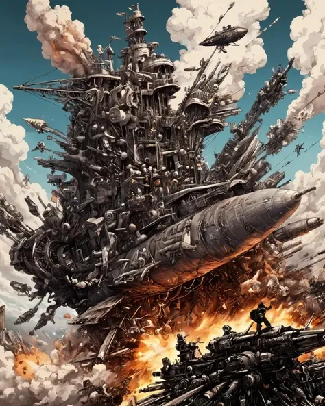 masterpiece(anime:1.2), Hyper quality, hyper detailed, extremely intricate, hyper maximalist, <lora:Maximalist_Drawing_BW:0.79>, PStyl3, negative space, abstract, clouds, guns of icarus, airships, mid-air battles, cannons, miniguns, explosions, mad max style