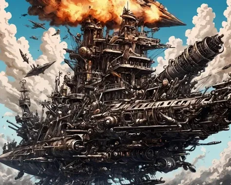 masterpiece(anime:1.2), Hyper quality, hyper detailed, extremely intricate, hyper maximalist, <lora:Maximalist_Drawing_BW:0.79>, PStyl3, negative space, abstract, clouds, guns of icarus, airships, mid-air battles, cannons, miniguns, explosions, mad max style