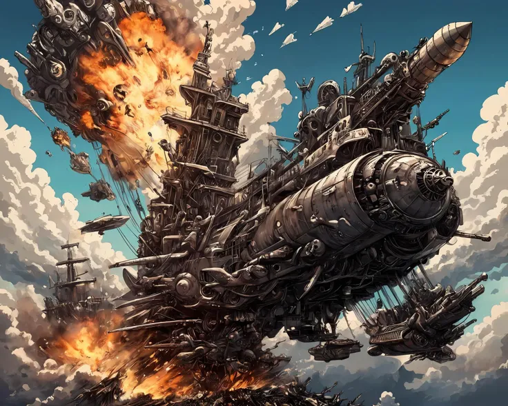 masterpiece(anime:1.2), Hyper quality, hyper detailed, extremely intricate, hyper maximalist, <lora:Maximalist_Drawing_BW:0.79>, PStyl3, negative space, abstract, clouds, guns of icarus, airships, mid-air battles, cannons, miniguns, explosions, mad max style