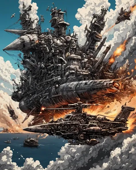 masterpiece(anime:1.2), Hyper quality, hyper detailed, extremely intricate, hyper maximalist, <lora:Maximalist_Drawing_BW:0.79>, PStyl3, negative space, abstract, clouds, guns of icarus, airships, mid-air battles, cannons, miniguns, explosions, mad max style