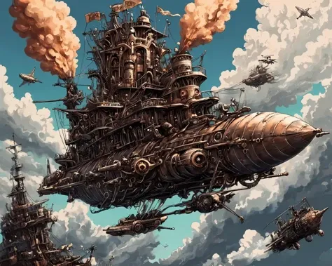 masterpiece(anime:1.2), Hyper quality, hyper detailed, extremely intricate, hyper maximalist,   <lora:Maximalist_Drawing_BW:0.79>, PStyl3, negative space, abstract, clouds, steampunk, guns of icarus, airships, mid-air battles, cannons, miniguns, explosions,  mad max style