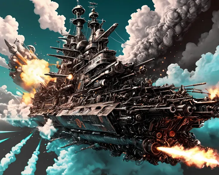 masterpiece, (anime:1.2), Hyper quality, hyper detailed, extremely intricate, hyper maximalist, <lora:Maximalist_Drawing_BW:0.79>, PStyl3, negative space, abstract, clouds, steampunk, guns of icarus, hoverships, mid-air battles, artillery, chaingun, explosions, collision lights, dynamic lighting, color anaglyph, missile cruiser