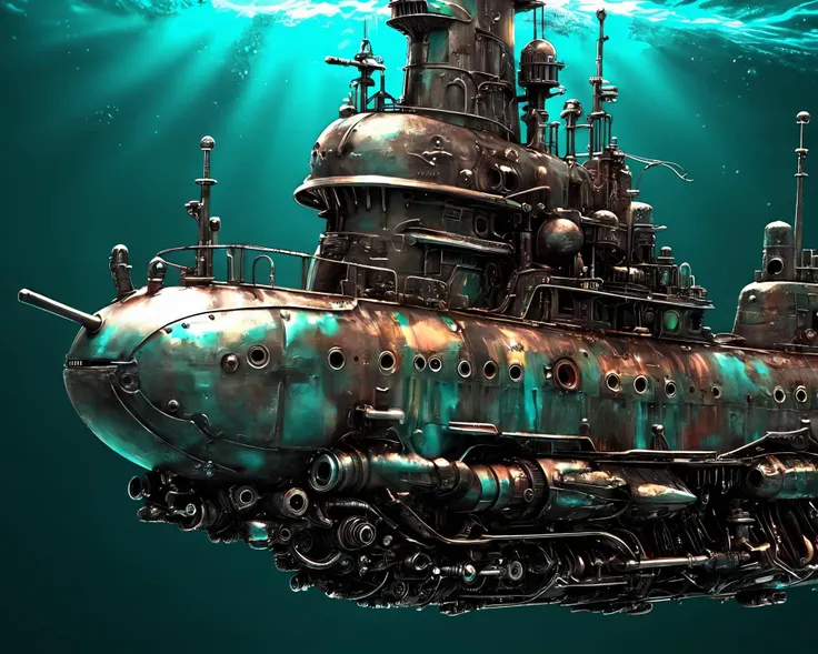 masterpiece, (anime:1.2), Hyper quality, hyper detailed, extremely intricate, hyper maximalist,   <lora:Maximalist_Drawing_BW:0.79>, PStyl3, negative space, abstract, steelpunk, dynamic lighting, color anaglyph, Submarine, underwater, burnished metals