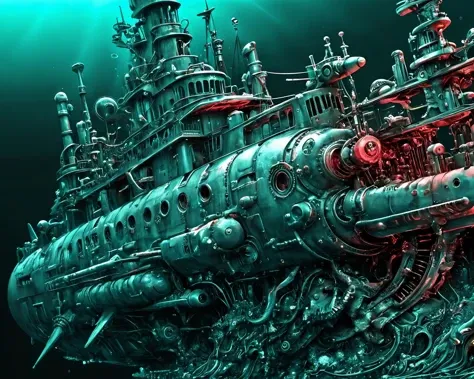 masterpiece, (anime:1.2), Hyper quality, hyper detailed, extremely intricate, hyper maximalist, <lora:Maximalist_Drawing_BW:0.79>, PStyl3, negative space, abstract, steelpunk, dynamic lighting, color anaglyph, Submarine, underwater