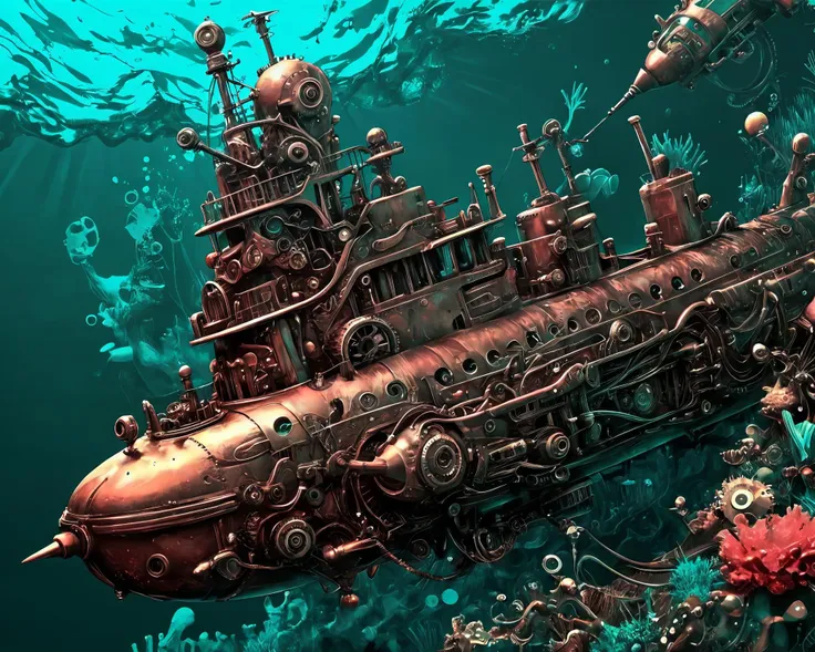 masterpiece, (anime:1.2), Hyper quality, hyper detailed, extremely intricate, hyper maximalist,   <lora:Maximalist_Drawing_BW:0.79>, PStyl3, negative space, abstract, steampunk, dynamic lighting, color anaglyph, Submarine, underwater