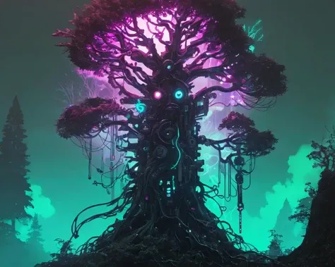 masterpiece, (anime:1.2), Hyper quality, hyper detailed, extremely intricate, hyper maximalist, <lora:Maximalist_Drawing_BW:0.79>, PStyl3, negative space, abstract, cyberpunk, neon, neon lighting, organic sentient tree, forest guardian, mage, fog, mists