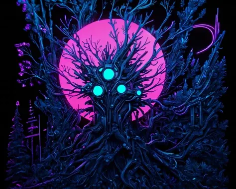 masterpiece, (anime:1.2), Hyper quality, hyper detailed, extremely intricate, hyper maximalist, <lora:Maximalist_Drawing_BW:0.79>, PStyl3, negative space, abstract, cyberpunk, neon, neon lighting, organic sentient tree, forest guardian