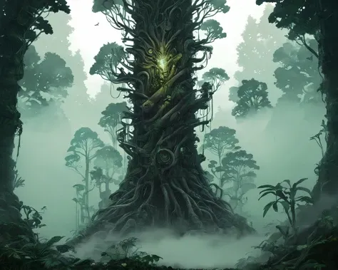 masterpiece, (anime:1.2), Hyper quality, hyper detailed, extremely intricate, hyper maximalist, <lora:Maximalist_Drawing_BW:0.79>, PStyl3, negative space, abstract, forestpunk, dynamic lighting, rainforest, organic sentient tree, forest guardian, rogue, fog, mists