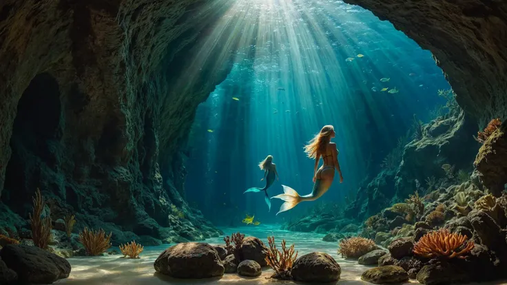 cinematic film still View from above, Style-Hamunaptra,a view of a group of cute curvy naked (((mermaids))) exploring underwater cavern,various races,very long Medium Blonde hair,(((ornate and intricate tribal paint))),Yuri,exotic aquatic animals in background, (backlighting), realistic, masterpiece, highest quality, lens flare, shade, bloom, [[chromatic aberration]], by Jeremy Lipking, by Antonio J. Manzanedo, digital painting,fit,highly detailed skin with hair, beautiful, depicted warm colors, ambient light, excellent composition, dynamic dramatic cinematic aesthetic, very inspirational, intricate, elegant, fine detail, highly reflected, deep color, pristine, vivid, complex, vibrant, magical background, enhanced, rich bright, romantic, iconic, brave, sublime, glorious, singular, epic, full, shallow depth of field, vignette, highly detailed, high budget Hollywood film, cinemascope, moody, epic, gorgeous