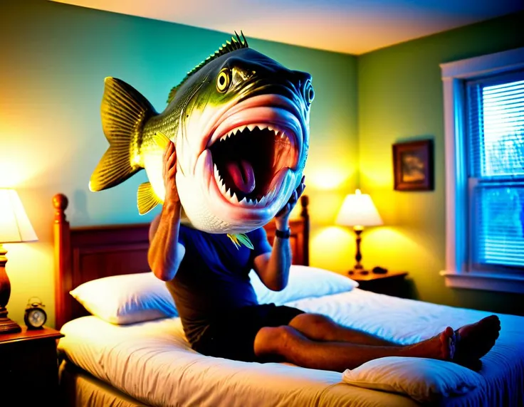 man lying on bed, screaming in fear, giant billy bass fish floating in the air, fish angry, fish staring at man, fish smiling, floating fish, bedroom, dusk lighting, horror, funny, realistic, surreal, low contrast, low vibrant