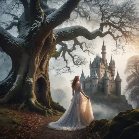 beautiful maiden, silk dress, massive old tree, fantasy castle, (ultra detailed:1.3), (detailed background:1.3), foreground details, depth, atmospheric, volumetric fog, light rays, light snowing, falling snow, artistic composition, cinematic lighting, masterpiece