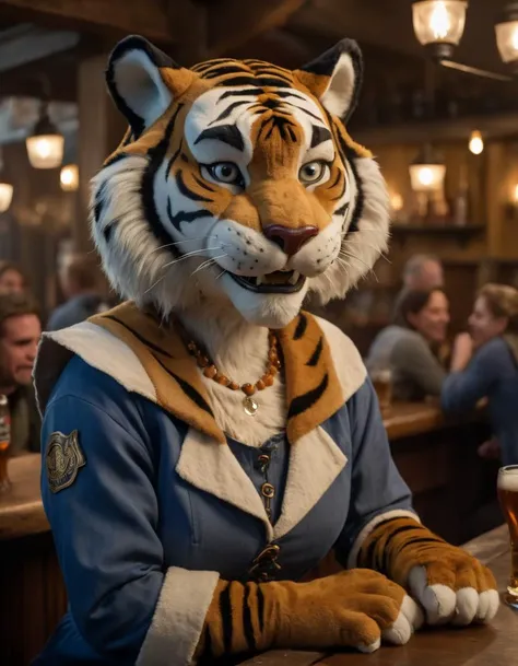 a photo of a (female adventurer anthropomorphic tiger), (anthropomorphic tiger:1.3), realistic, (expressive facial expressions:1.3), claws, blue tunic, attractive, smirking, one raised eyebrow, mid shot, detailed textures, soft lighting, (ultra detailed:1.3), seated, tavern bar, warm lighting, beer, (detailed background:1.3), foreground details, depth, atmospheric, fog, artistic composition, cinematic lighting, masterpiece
