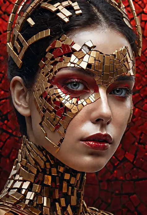 black to red background,devastating details,8k,a computer generated image of a woman's face, inspired by Igor Morski, cgsociety contest winner, digital art, giant gold head statue ruins, peter gric and dan mumford, 10% cyberpunk, made of metal, fragmented, artstation geometric, portrait of an ai, made of gold, cracked porcelain face,