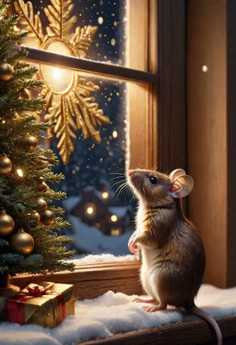 A mouse looks outside the window of a house, forrest, christmas tree, fireplace, snow, night, moonlight, highly realistic, gldnglry, highly detailed, 8k
