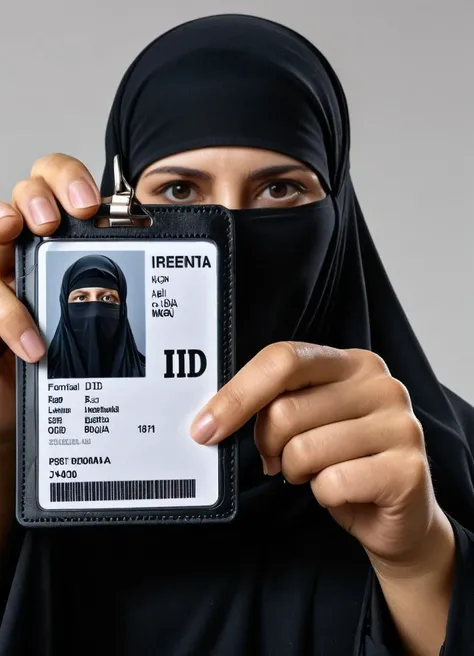 a woman in burqa holding a id card, 8k, F2.8, RAW Photo, ultra detailed, <lora:seemycard3:0.8>