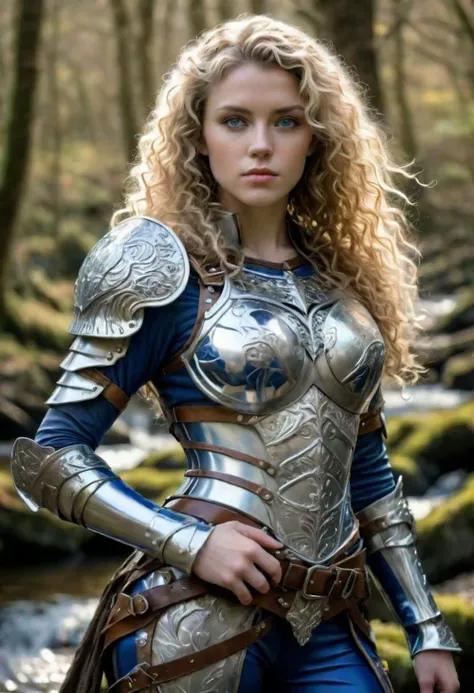 (masterpiece), (extremely intricate:1.3), (realistic), picture of the most beautiful woman in Ireland, Brid Lightbringer, Warrior Queen, wavy curly blonde hair, (blue and white science-fiction armor and leather, intricate breastplate, thigh high boots), metal reflections, outdoors, enchanted woods river bank, stunning professional entire body photograph of the prettiest, most stunning woman in the world, detailed, sharp focus, dramatic, award winning, cinematic lighting, octane render unreal engine, volumetrics dtx, (film grain, blurry background, blurry foreground, bokeh, depth of field, motion blur:1.3)