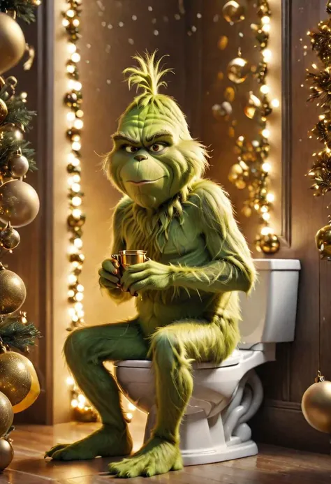 The grinch sitting on the toilet, festive background, gldnglry, many bubbles, highly realistic, highly detailed, 8k