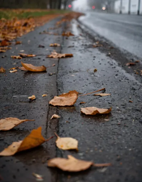 A (city's autumn:1.2), (rain-drenched streets:1.1), merging slush and realism, (high-detail macro:1.3), precise composition, cinematic allure, intimate sidewalk close-up, (MJ's essence:1.2), beads of wetness, (sharp shot precision:1.3), urban texture, visceral, Nikon D850, 1/125s, f/2.8, ISO 640, cinematic depth of field, RAW clarity, street-level spectacle, evocative moisture, tactile surfaces, Canon EF 100mm f/2.8L Macro IS USM, rain's rhythmic narrative, visual poetry in motion,