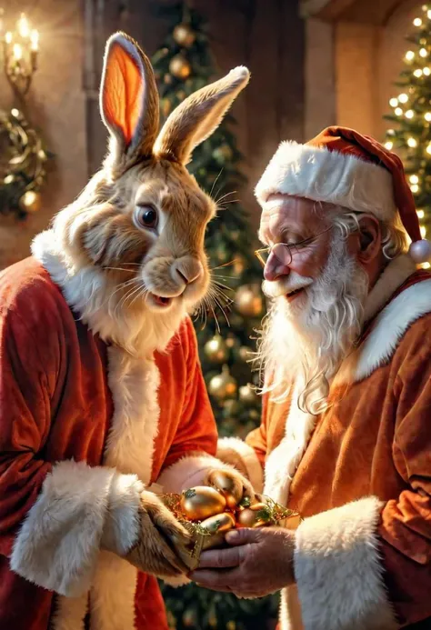 The easter bunny is giving laughing Santa claus a carrot with a ribbon, surprise, happiness, joy, festive background, gldnglry, highly realistic, highly detailed, 8k