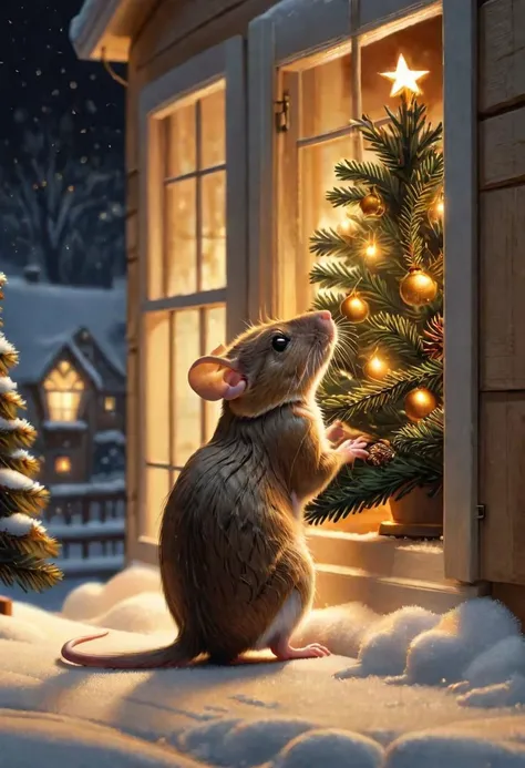 A mouse looks outside the window of a house, forrest, christmas tree, fireplace, snow, night, moonlight, highly realistic, highly detailed, 8k