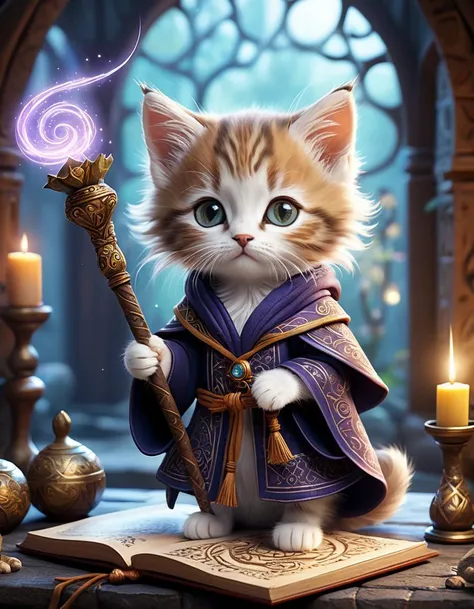 An enchanting image featuring an adorable kitten mage wearing intricate ancient robes, holding an ancient staff, hard at work in her fantastical workshop, intricate runic symbols swirling around her, it's clear that she's busy casting a powerful spell. Her fluffy tail sways gently as she concentrates on the task at hand, adding to the whimsical atmosphere of this magical scene. The soft lighting and detailed surroundings create an immersive environment where imagination runs wild. This charming artwork is sure to delight fans of both kittens and fantasy worlds alike, transporting them into a realm filled with wonder and possibility, hyper-detailed, high quality visuals, dim Lighting, ultra-realistic, sharply focused, octane render, 8k UHD