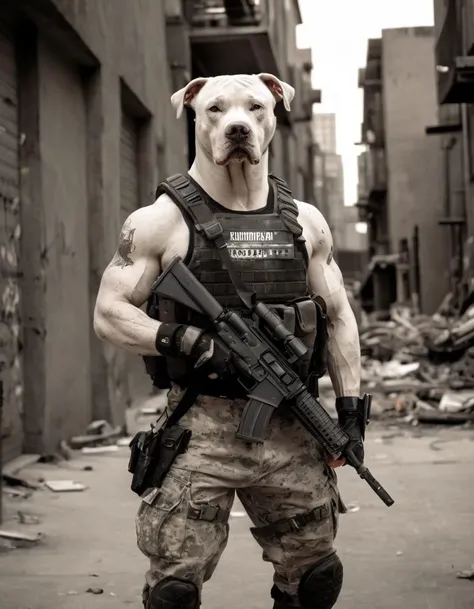 A captivating photo of an (anthropomorphic dogo soldier:1.3), (standing tall:1.2), with (sharp uniform:1.1), (bulletproof vest:1.1), (badge of authority:1.1), (tactical gear:1.1), holding a (military-grade assault rifle:1.2), (canine ears:1.1), (intense gaze:1.1), (muscular physique:1.1), (protective posture:1.1), (battle-scarred face:1.1), (gritty urban environment:1.2), (high-stakes scenario:1.1), (power dynamics:1.1), (perspective:1.1), (Fujifilm X-T4, 1/250s, f/5.6, ISO 1600, film-like grain, black and white, crisp focus).