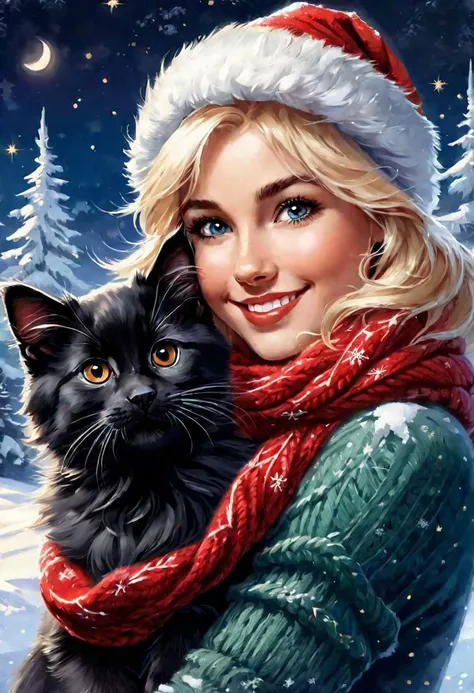 Close-up portrait, stylized artwork by Greg Rutkowski, Frank Frazetta, cute fluffy black smiling kitten and cute fluffy golden retriever puppy cuddling in the snow next to a Christmas tree, winter night landscape, starry night, big eyes, knitted red and white slouchy hat, scarf,
Hyper detail, gradient alcohol ink art, perfect facial features, smile, cinematic, stunning, atmospheric, sharp focus, filigree, golden ratio, perfect composition, complex backgrounds, illustrations in the style of artists like WLOP at Studio Ghibli Genshin.